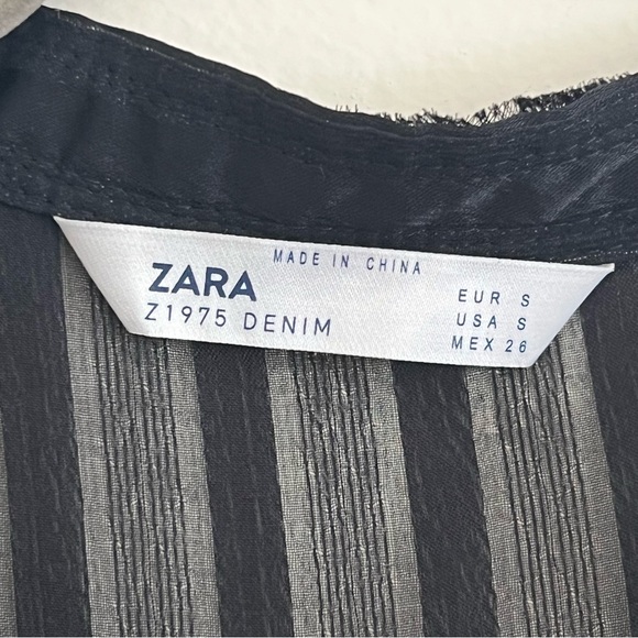 Zara Z1995 DENIM Black Striped Top Small See Through Embellishment Jewel Career - Picture 4 of 13